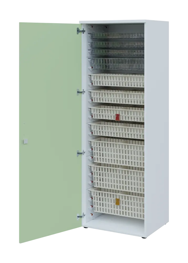 EUROMEDICA D - 66 skříň léková boxová, 1-dveřová, levá, 1950x660x535, korpus bílý, dvířka šedo-zelinkavá